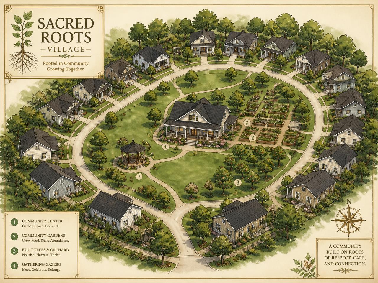Illustrated aerial layout of Sacred Roots Village: a crescent of affordable homes surrounding a central community center, community garden, and gathering gazebo